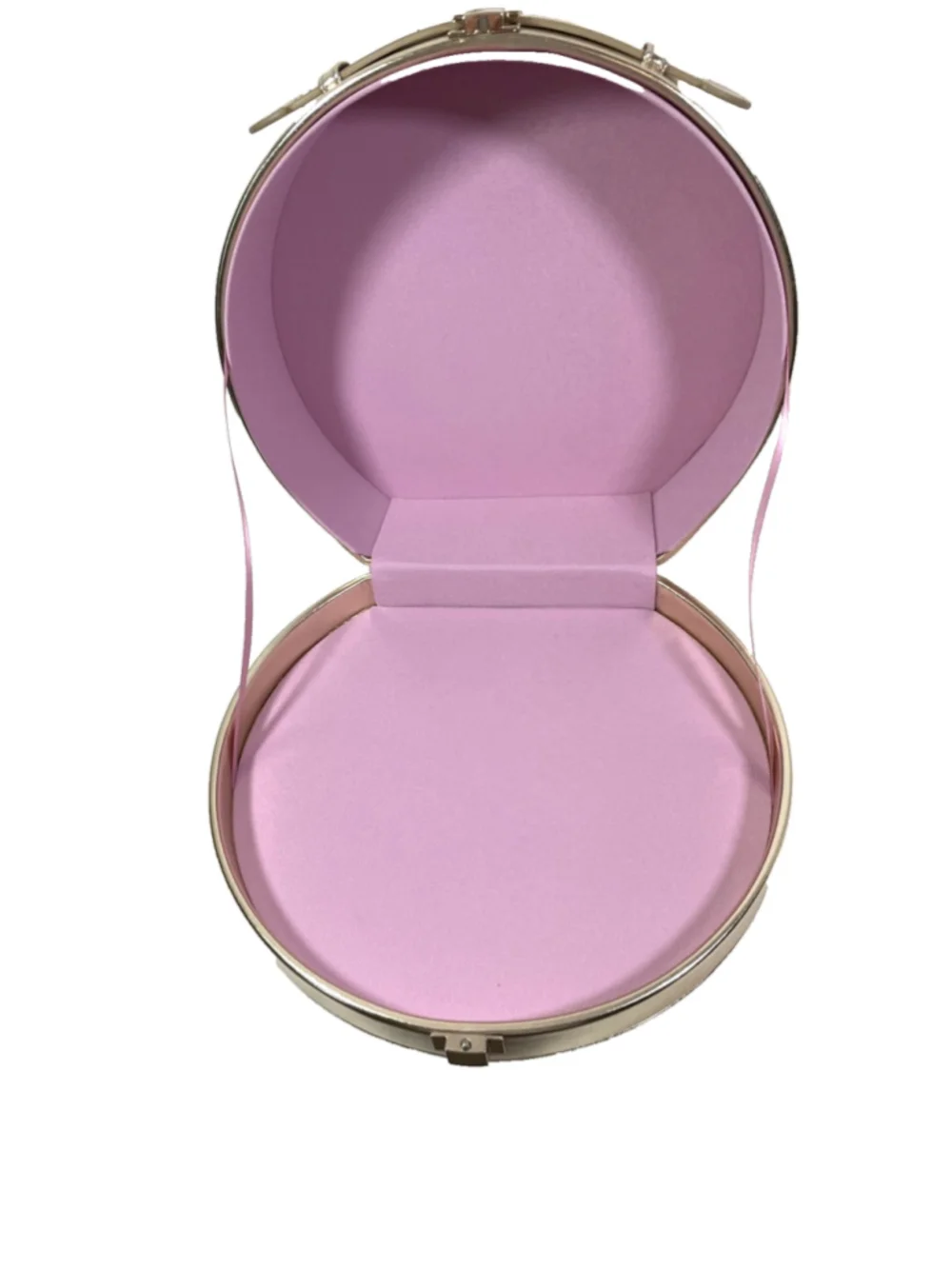 Bobbi Brown Large Shiny Gold Round Cosmetic Travel Case Makeup Bag Pink Interior